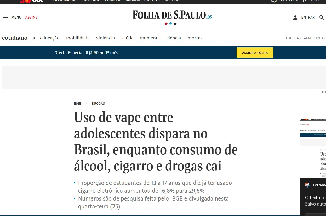 Reportagem da Folha de S.Paulo sobre o uso de vapes entre estudantes brasileiros