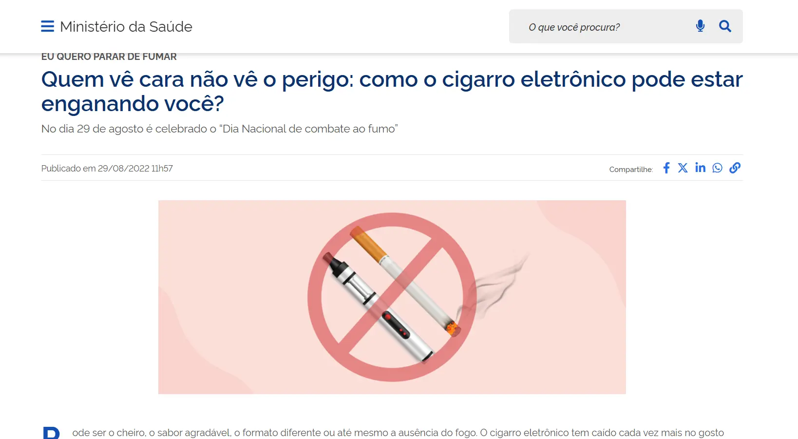Publicação do Ministério da Saúde sobre produtos de nicotina